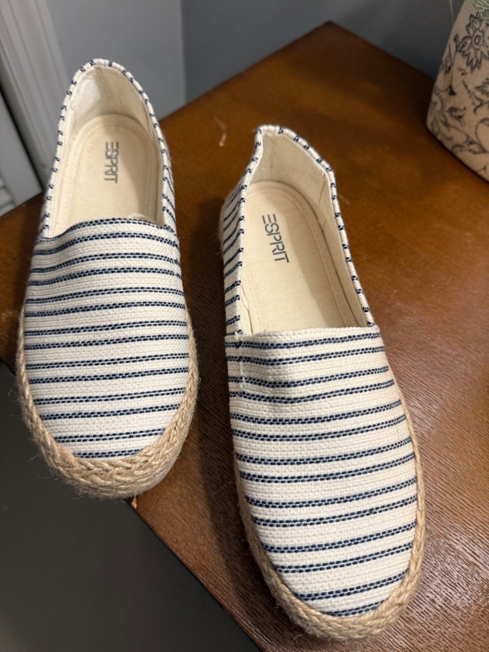 Esprit Cream and Navy Striped Espadrille Slip-Ons